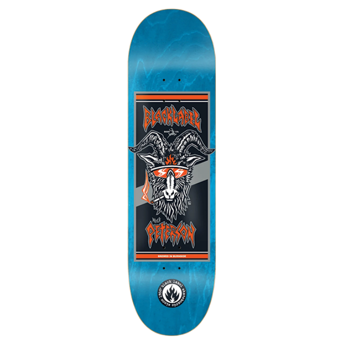 Skateboard deck with a graphic design on a white background