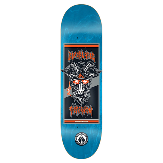 Skateboard deck with a graphic design on a white background