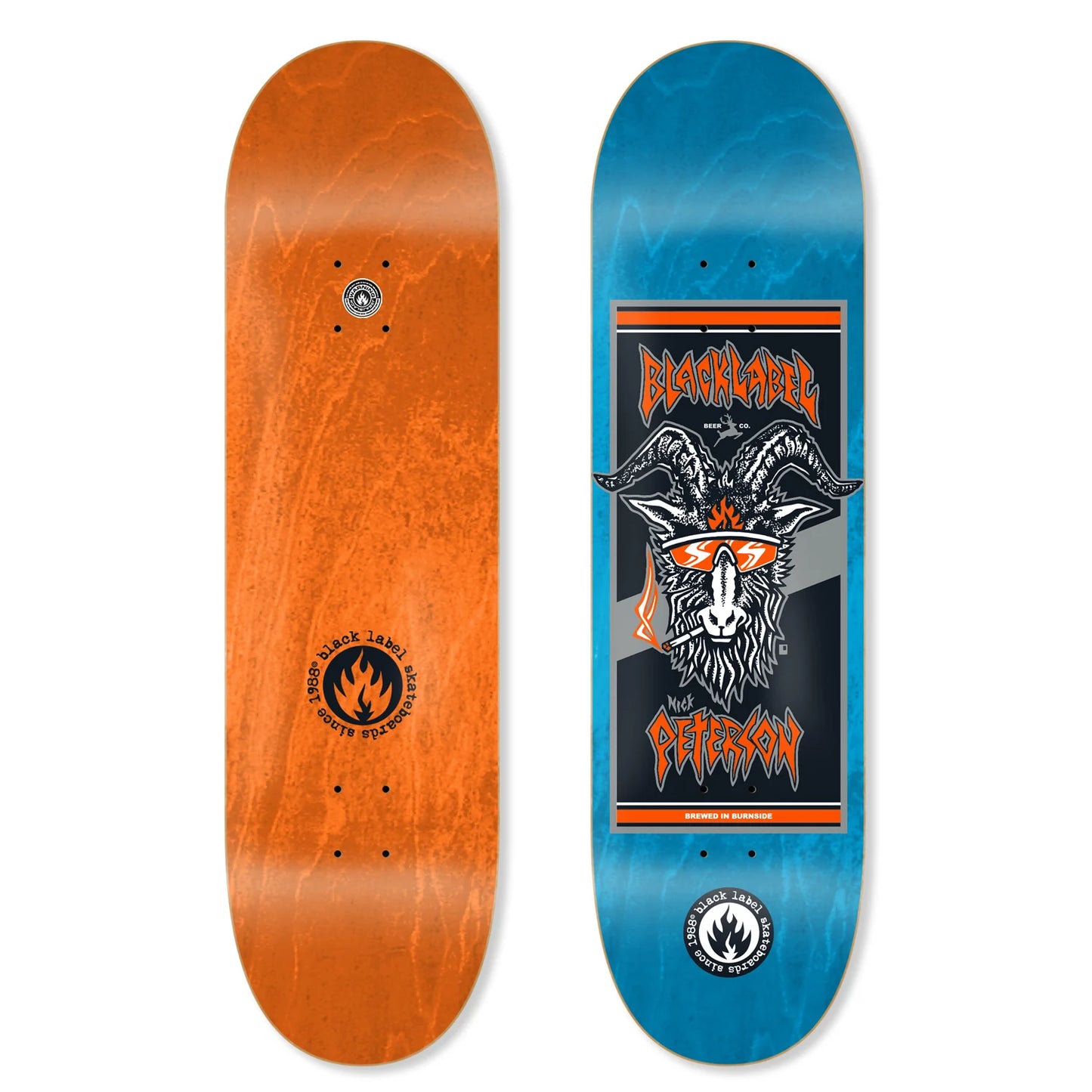 Two skateboard decks, one orange and one blue with a graphic design, on a white background.