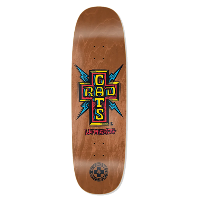 Skateboard deck with a colorful logo on a white background