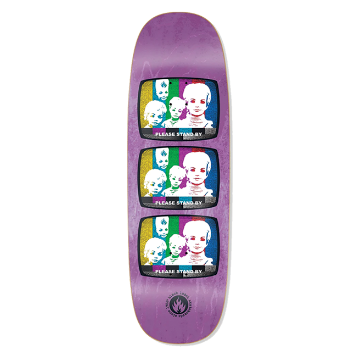 Purple skateboard deck with graphic design on a white background