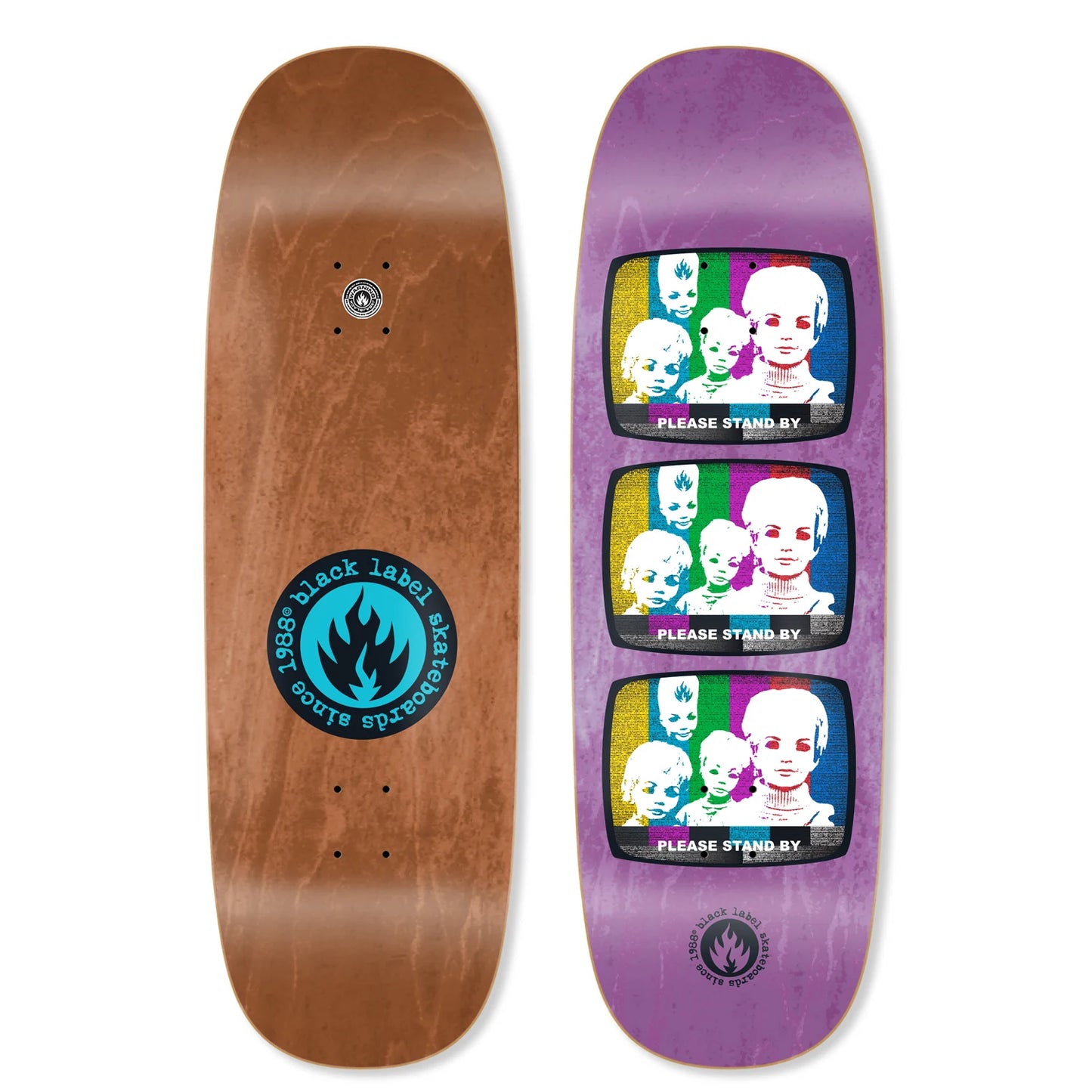 Two skateboard decks, one brown and one purple with graphic designs, on a white background.