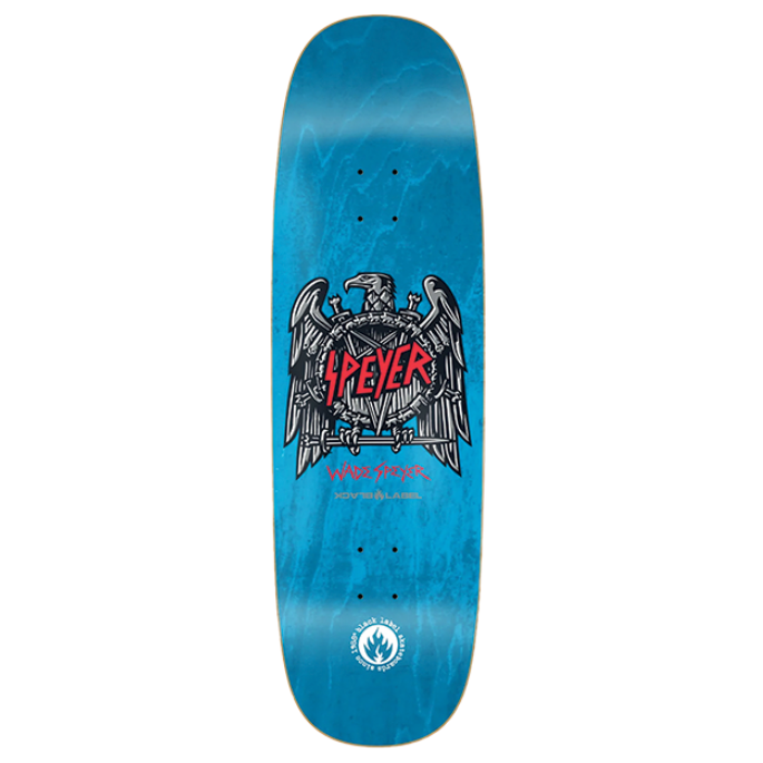 Blue skateboard deck with a logo on a white background