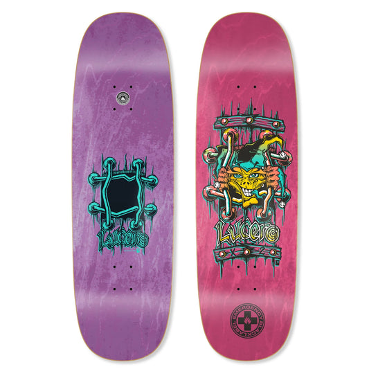 Two skateboard decks with colorful designs on a white background