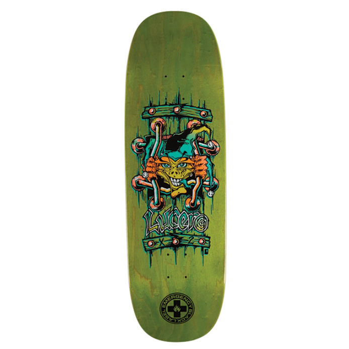 Green skateboard deck with a colorful graphic design on a white background