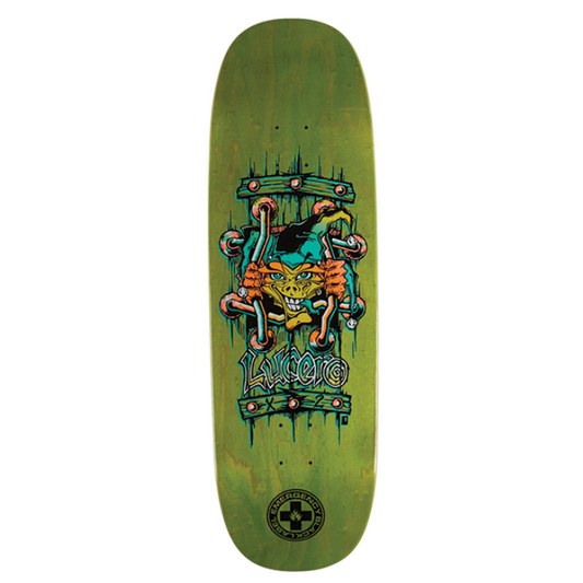 Green skateboard deck with a colorful graphic design on a white background