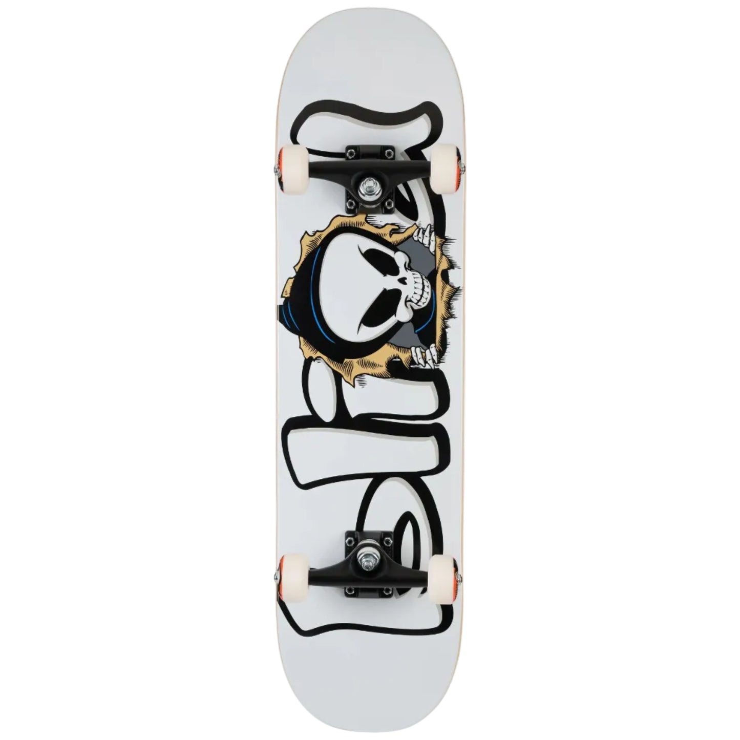 Skateboard with a graphic design on a white background