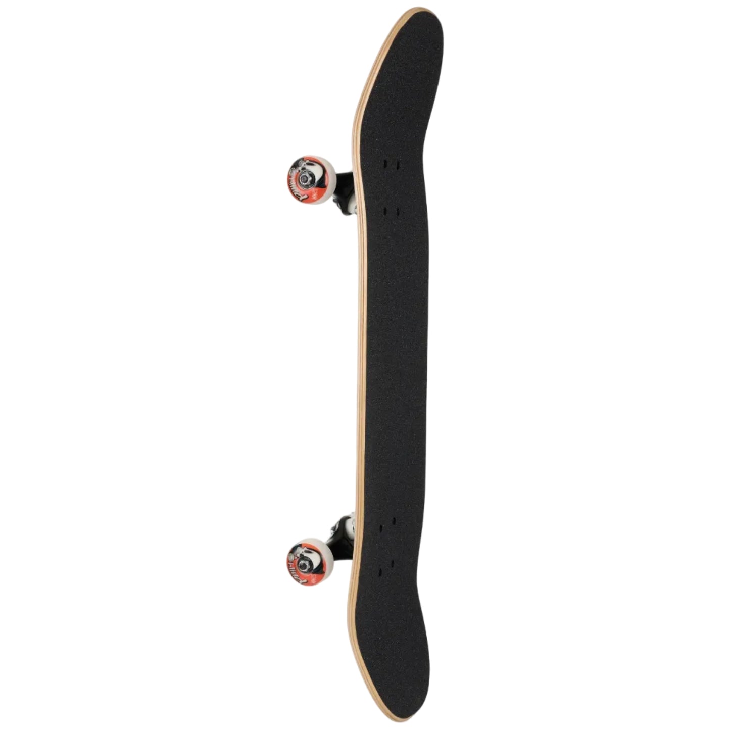 Skateboard with black deck and red trucks on a white background