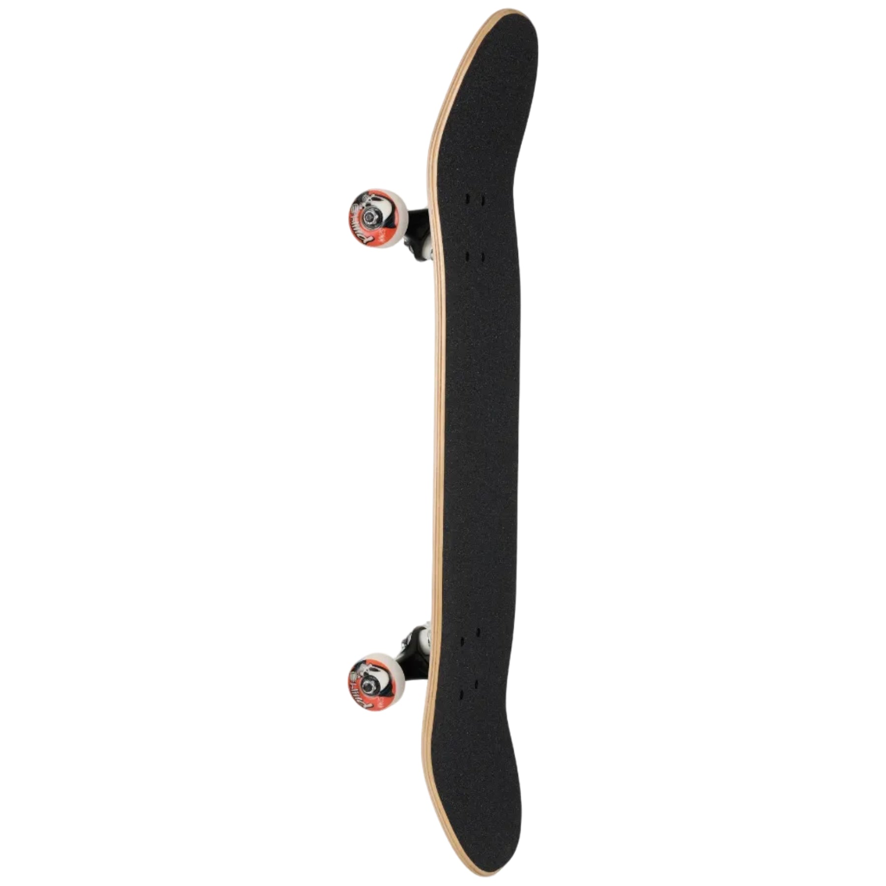 Skateboard with black deck and red trucks on a white background