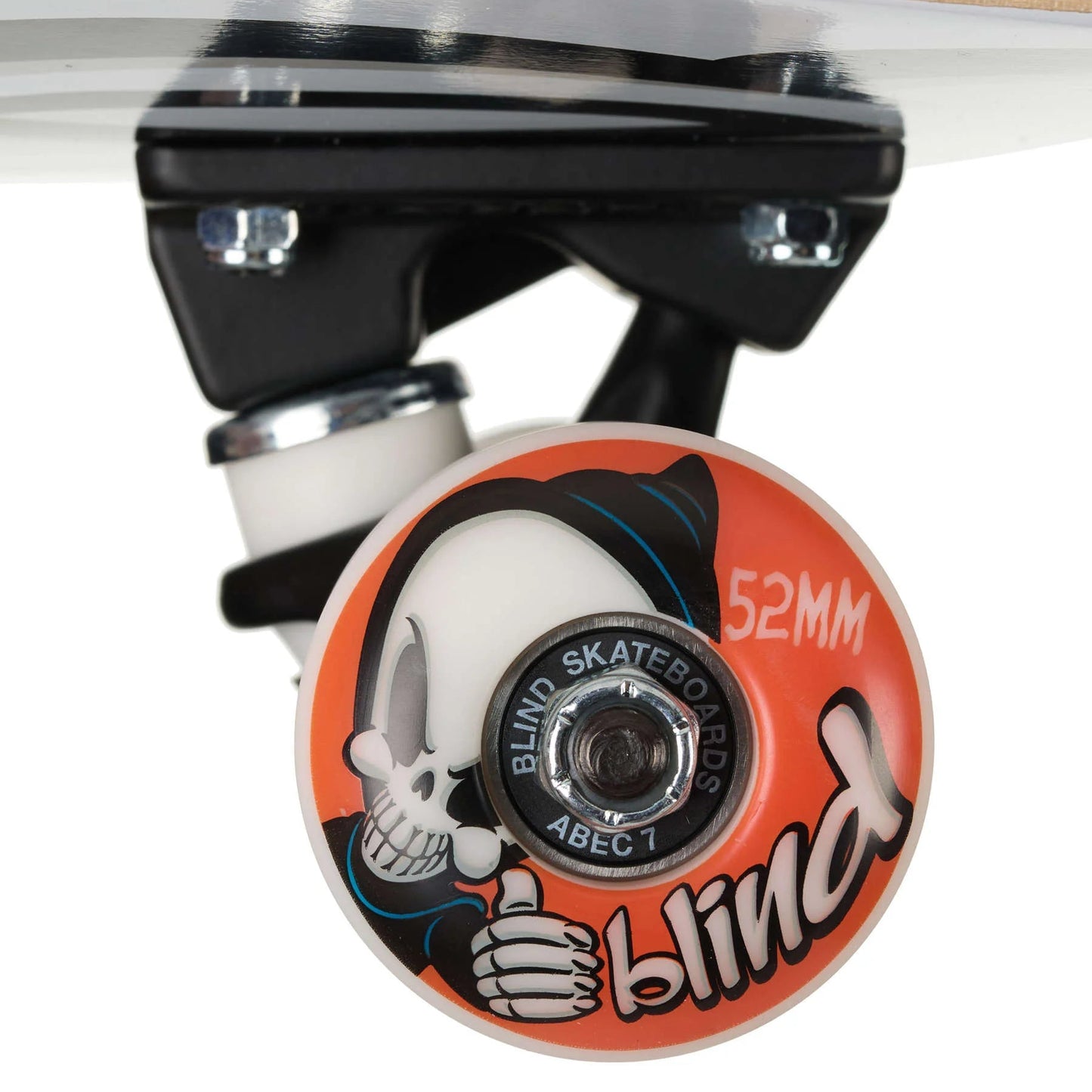 Close-up of a skateboard wheel with 'Blind' branding on a white background
