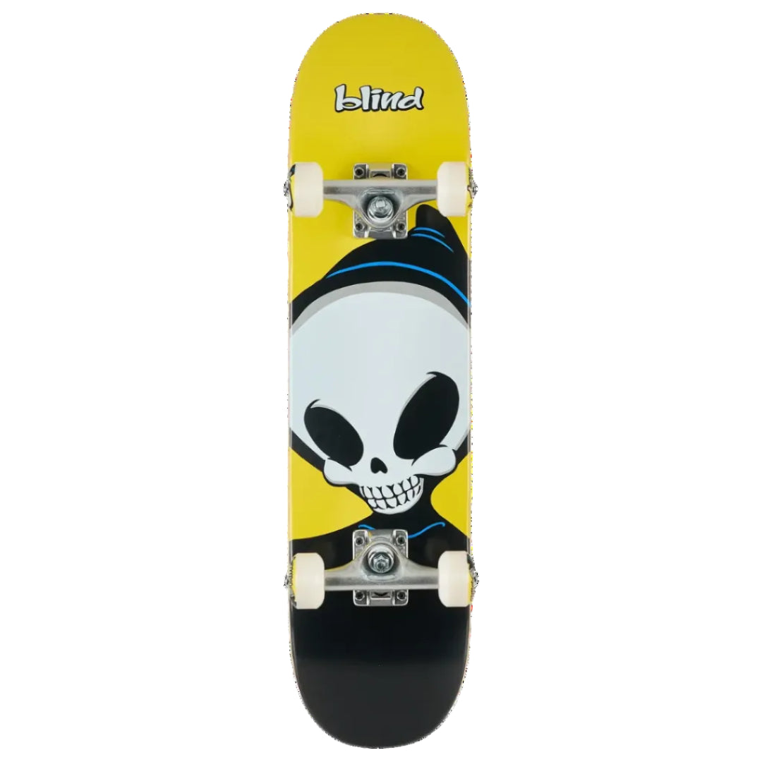A top-down view of a skateboard with a bright yellow deck, featuring a large black and white skull wearing a black hat with blue stripes. The brand name 'Blind' is printed in white with a black outline on the yellow deck near the nose.