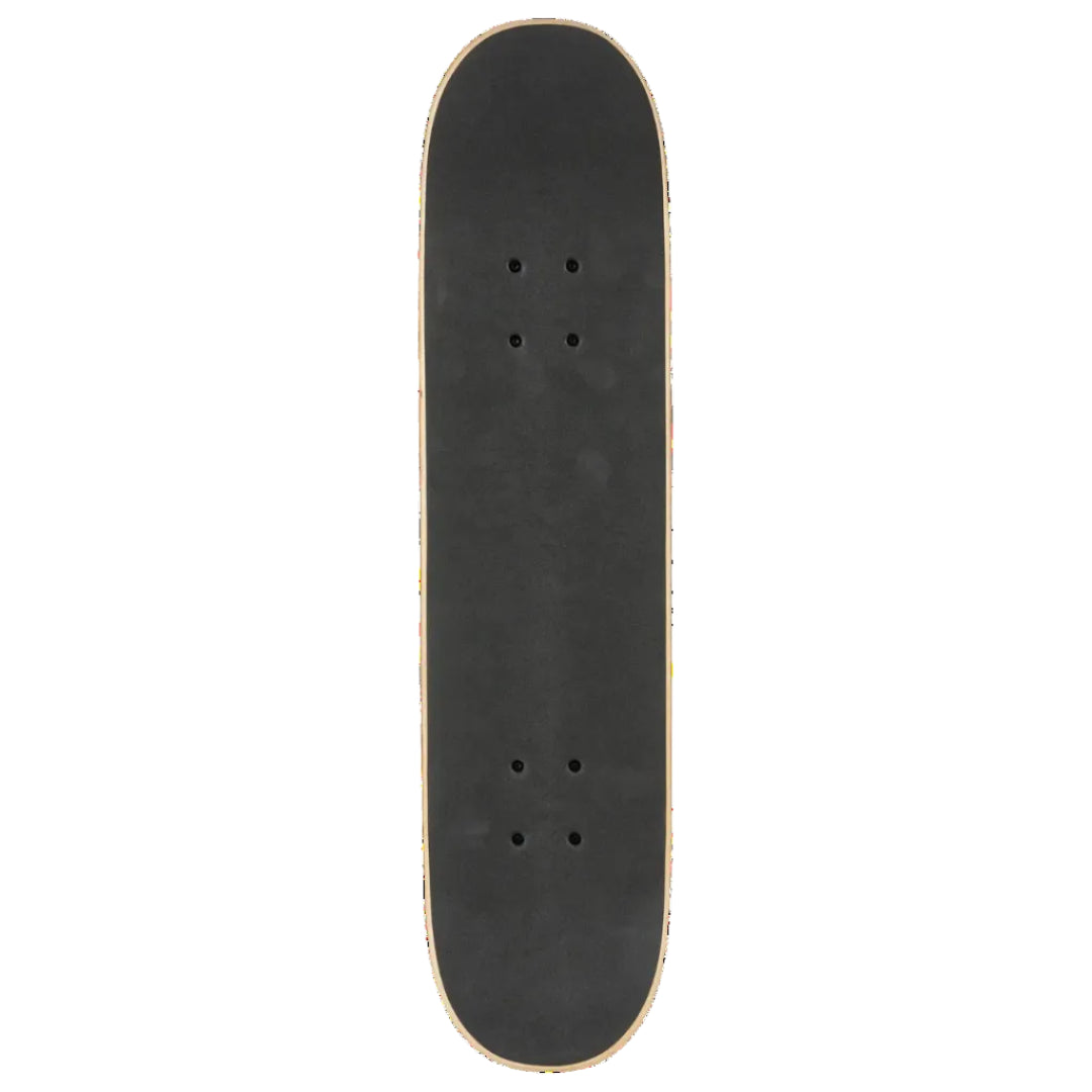 A top-down view of a skateboard deck with a black grip tape surface and a light natural wood edge, centered on a plain white background.