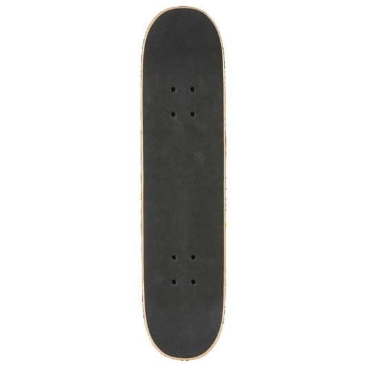 A top-down view of a skateboard deck with a black grip tape surface and a light natural wood edge, centered on a plain white background.