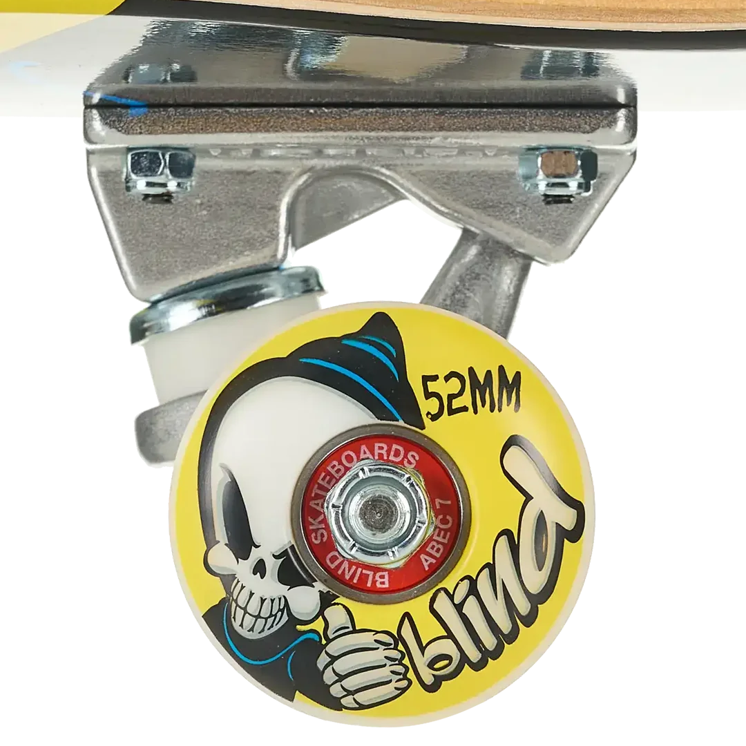 Close-up of a skateboard wheel and truck assembly on a white background. The wheel is yellow with a cartoon skull graphic, black text reading '52MM' and 'Blind Skateboards', and a red center ring that says 'Skateboards Blind'.