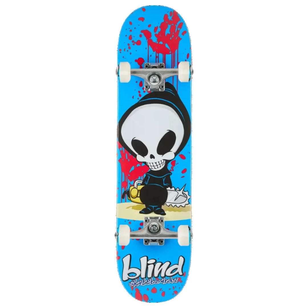A skateboard deck featuring a bright blue background with red paint splatters and a cartoon grim reaper graphic. The brand name 'blind' is printed in stylized white letters at the bottom, with 'skateboardz' underneath.