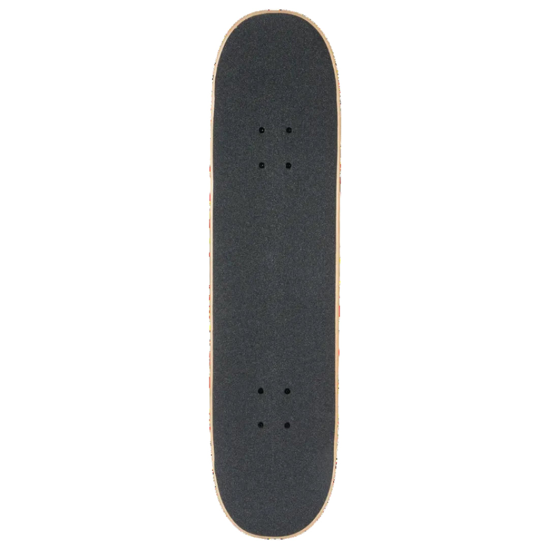A skateboard deck viewed from directly above, featuring a black grip tape surface with visible four screw holes and a light natural wood edge, isolated on a white background.