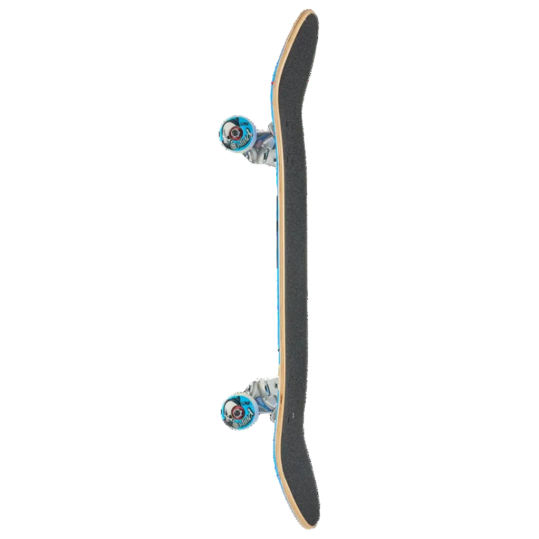 A skateboard shown vertically from the underside, featuring a black grip tape deck, light wood edges, silver trucks, and blue wheels with a graphic design, isolated on a white background.