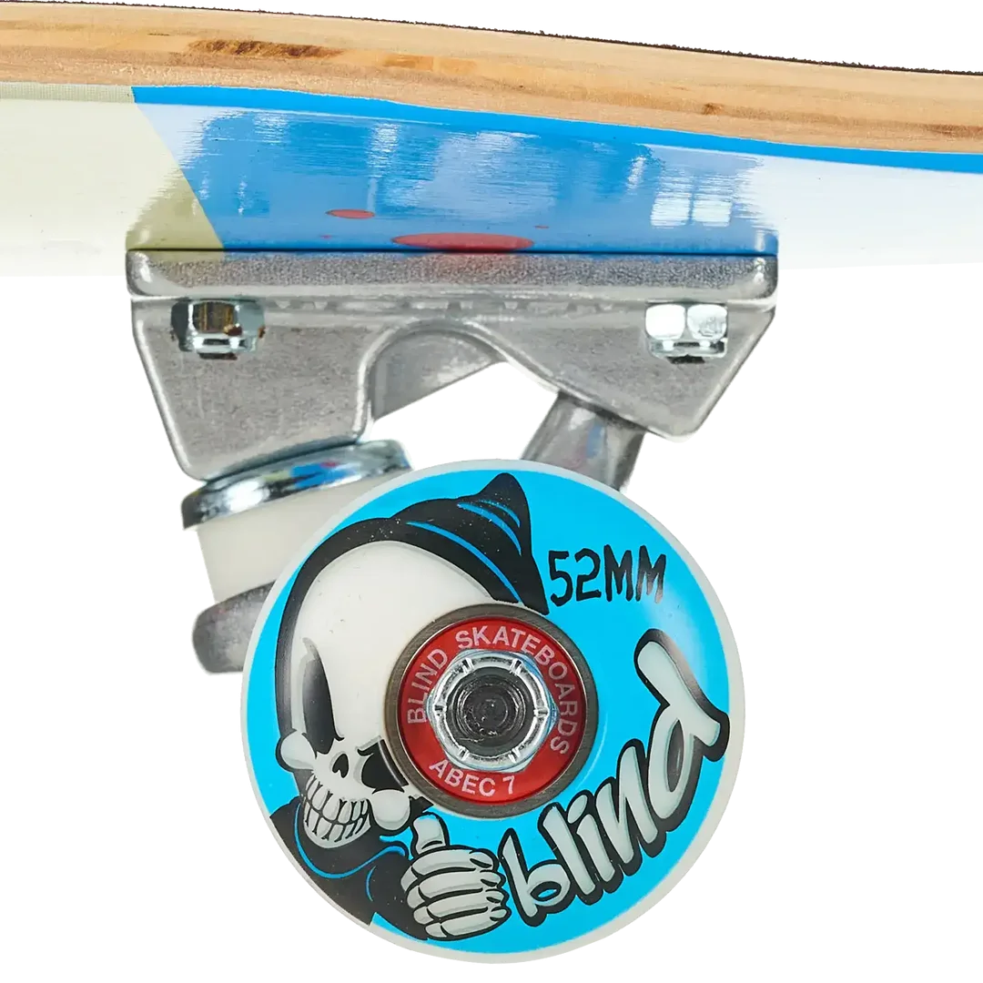 Close-up of a skateboard wheel and truck assembly on a white background. The wheel is light blue with a cartoon grim reaper graphic and the text 'Blind Skateboards' and '52mm'.