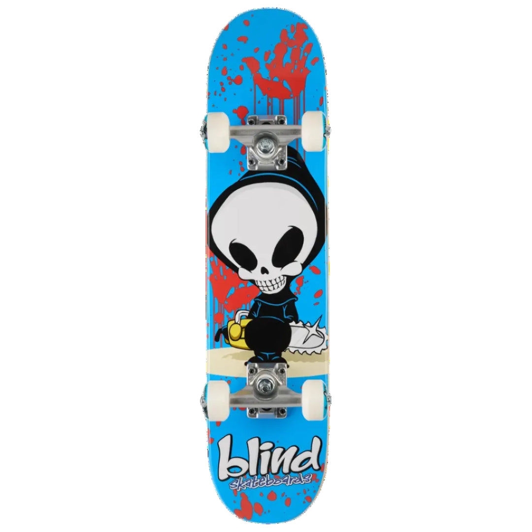 A full-size skateboard with a bright blue deck featuring a cartoon grim reaper graphic and red paint splatters, with the 'blind' brand logo printed at the bottom.