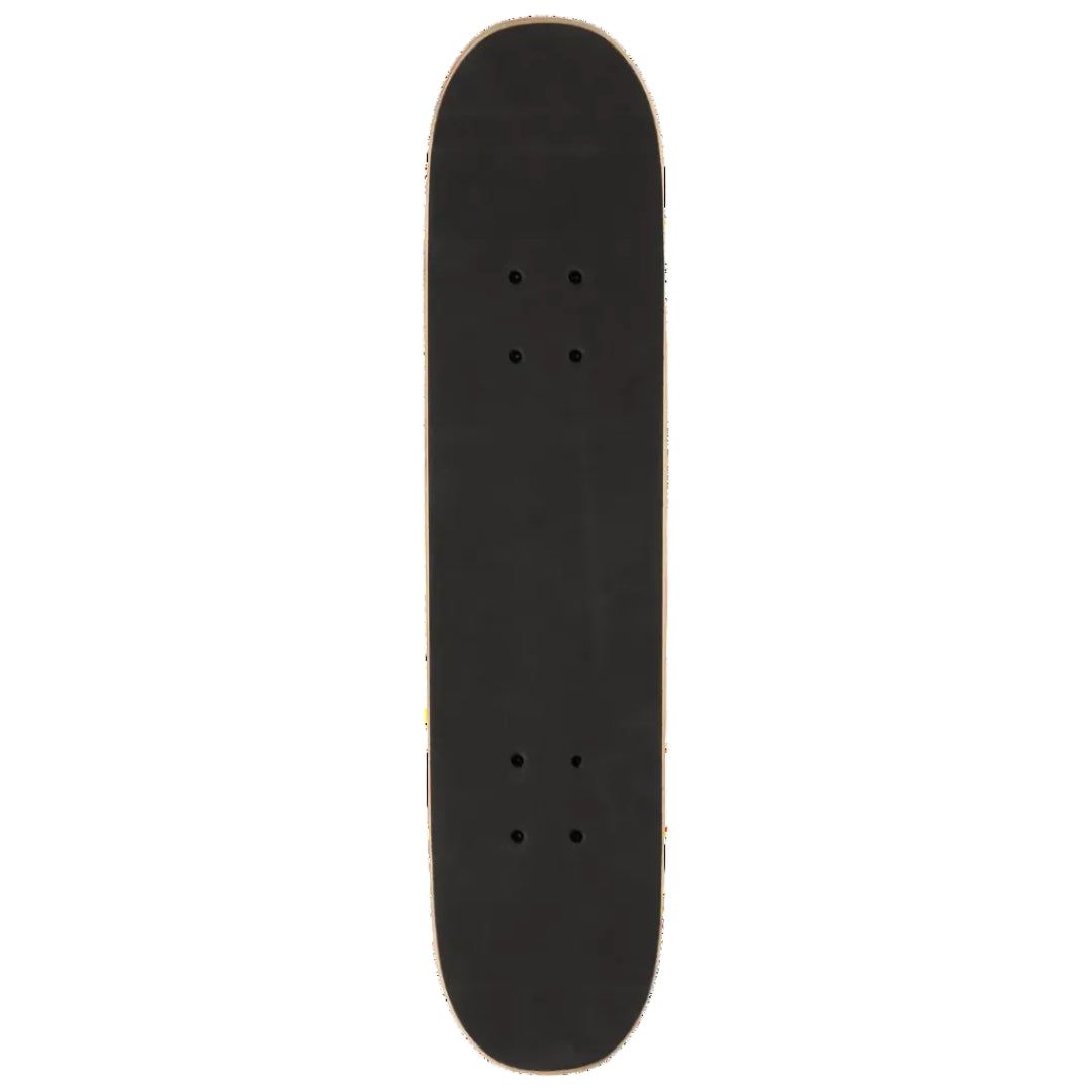 A skateboard deck shown from the underside, featuring a black grip tape surface with pre-drilled truck mounting holes and a natural light wood edge, isolated on a white background.