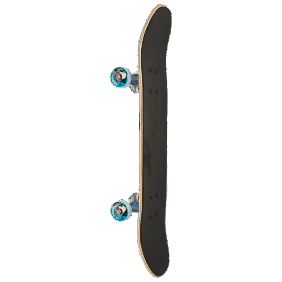 A skateboard shown vertically from the side against a solid white background, featuring a black grip tape deck, natural wood edges, and blue wheels with clear plastic bearings.