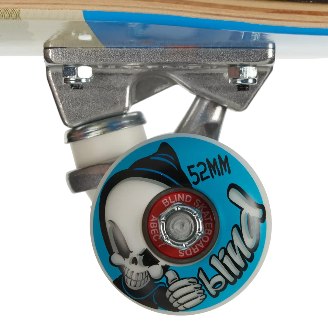Close-up of a skateboard wheel and truck assembly on a white background. The wheel is blue with a cartoon skull graphic, white text reading '52MM' and 'Blind Skating Co.