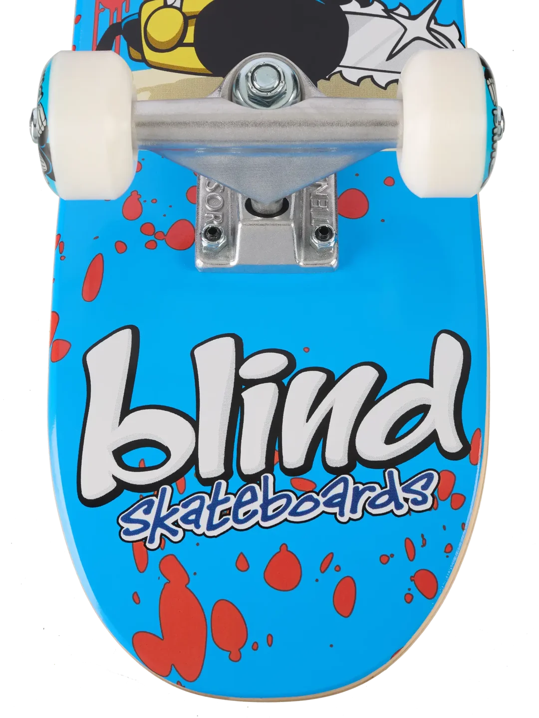 Close-up of the underside of a skateboard deck showing a bright blue graphic with the words 'blind skateboards' in large white and purple lettering, red splatter shapes, and part of a yellow-and-black graphic near the trucks and white wheels.
