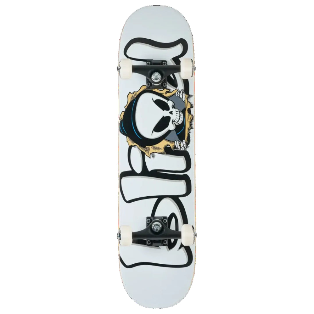 A skateboard deck shown vertically against a plain white background. The deck has a white base with a large black graffiti-style graphic and a central skull illustration inside a gold circular frame.