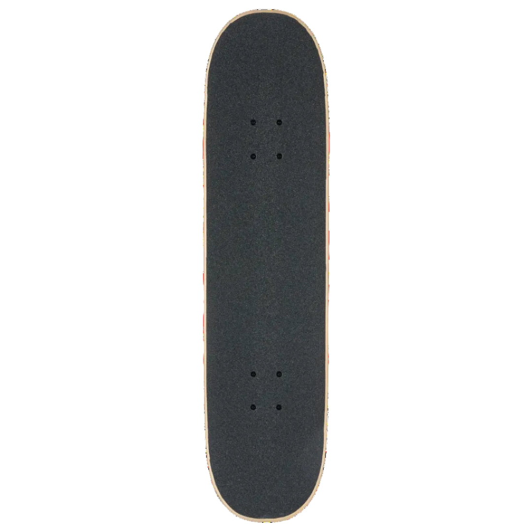 A skateboard deck viewed from directly above, featuring a black grip tape surface with a light natural wood edge, isolated on a white background.