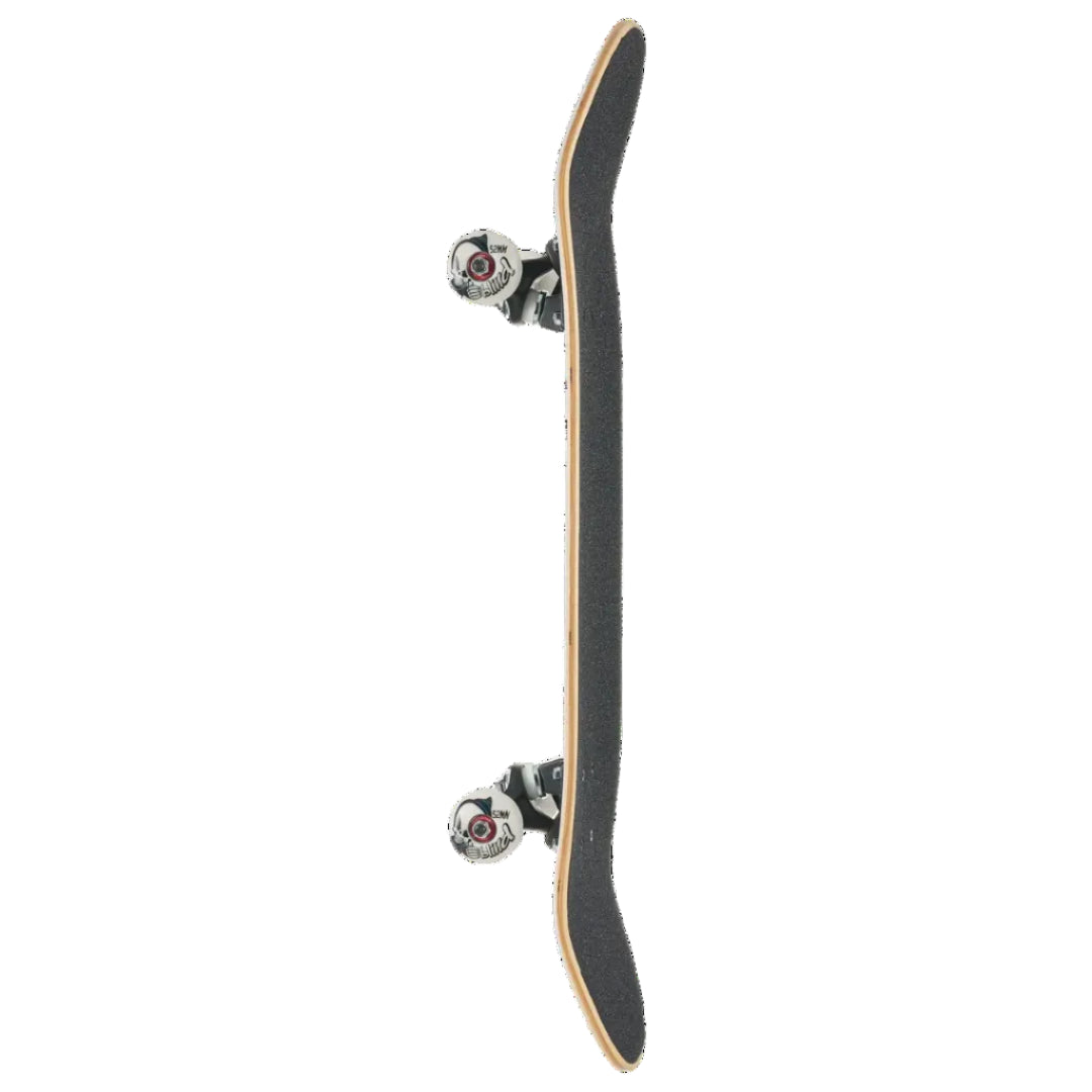 A skateboard shown vertically from the underside, featuring a black grip tape deck, natural wood edge, black trucks, and silver wheels with red accents, isolated on a white background.
