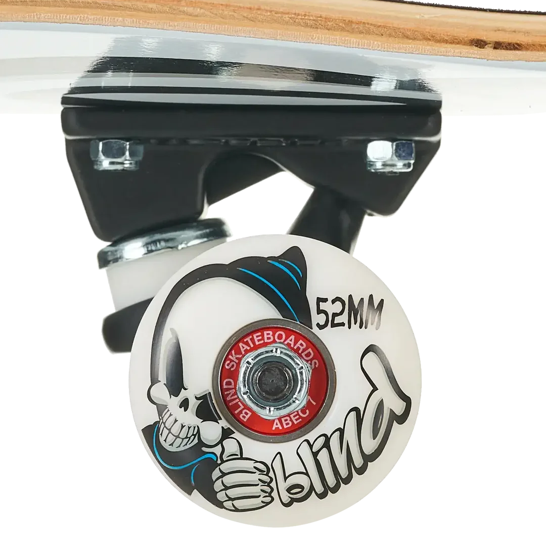 A close-up of a skateboard wheel and truck assembly on a white background. The wheel is white with a black and blue cartoon skull graphic, a red center ring reading 'Blind Skateboard', and '52MM' printed on the side.