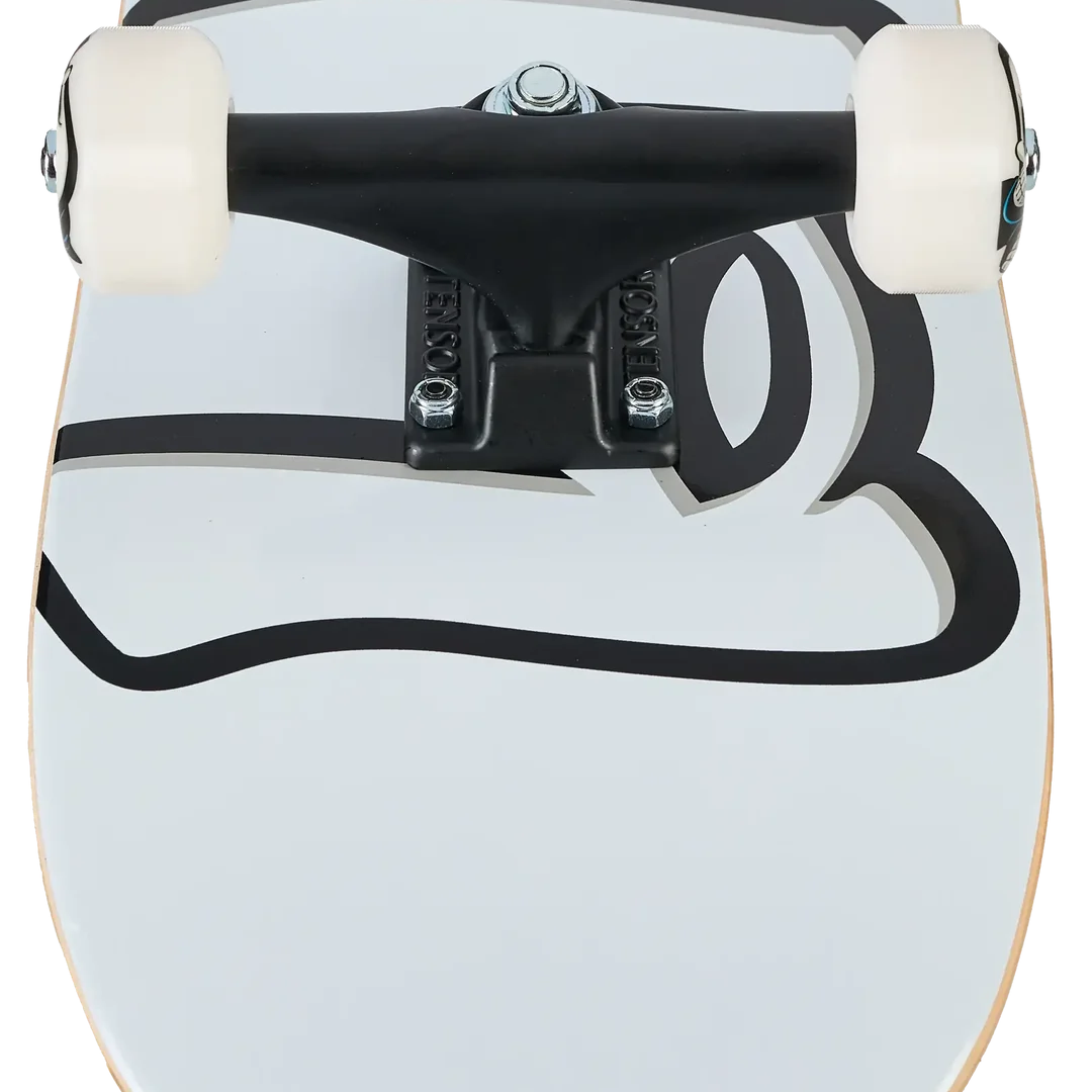 Close-up of the front deck and trucks of a skateboard with a white deck, black graphic lines, and off-white wheels on a white background.
