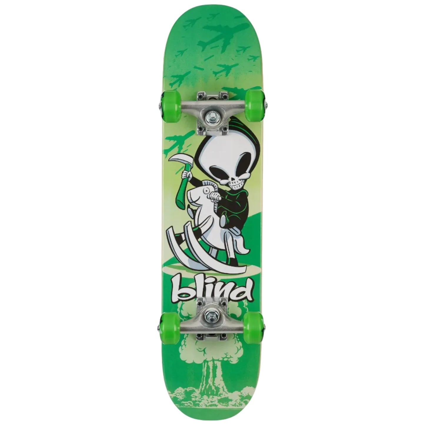 Skateboard with a green alien design and 'Blind' branding on a white background