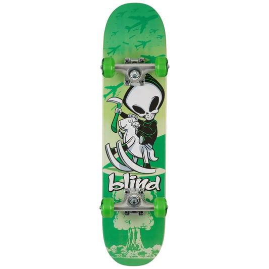 Skateboard with a green alien design and 'Blind' branding on a white background