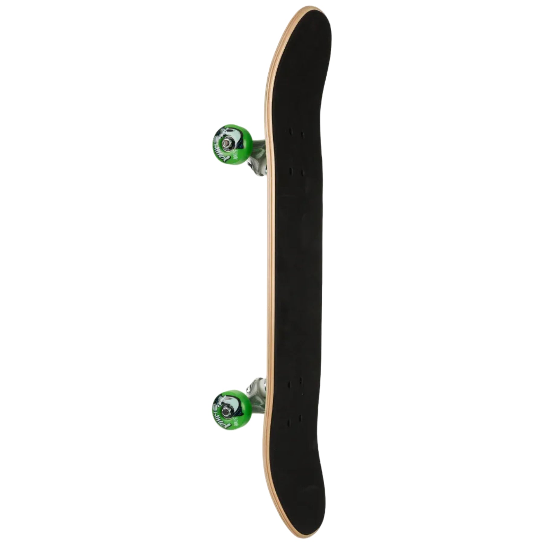 Skateboard with black deck and green trucks on a white background