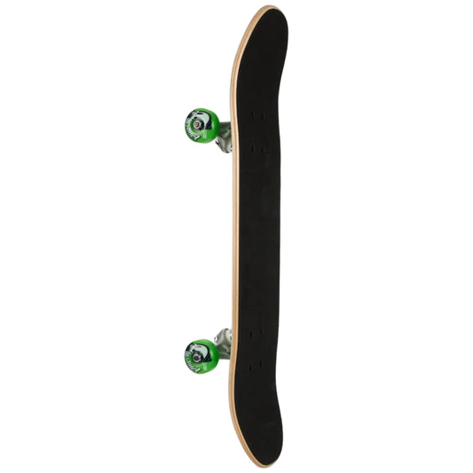 Skateboard with black deck and green trucks on a white background