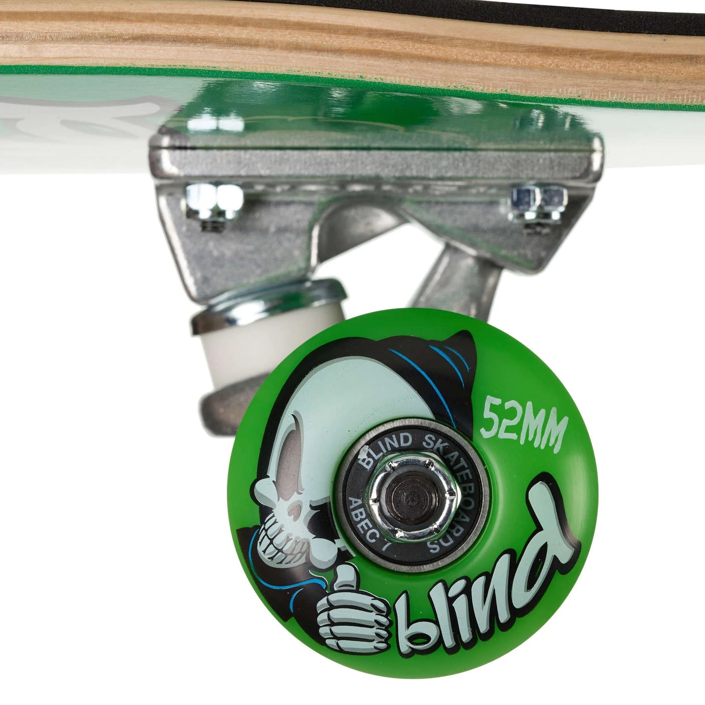 Close-up of a skateboard wheel with 'blind' branding on a white background