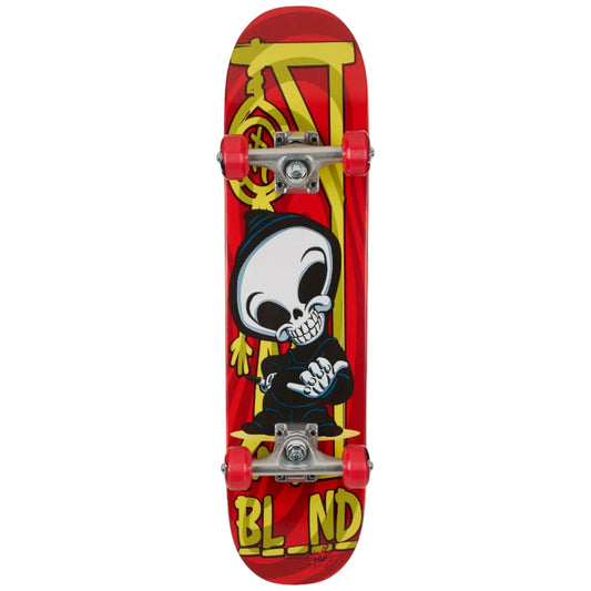 Skateboard with a cartoon skeleton design on a red background