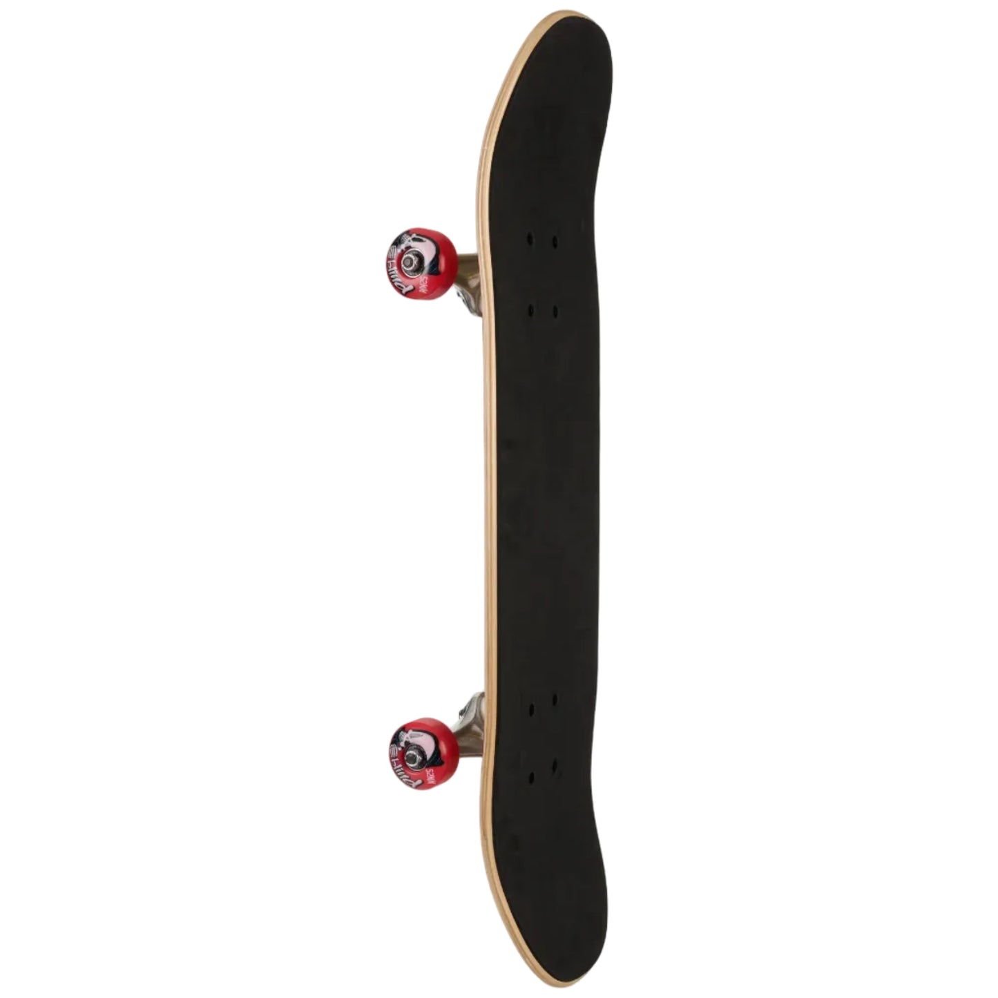 Black skateboard deck with red trucks on a white background