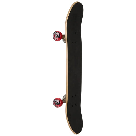 Black skateboard deck with red trucks on a white background