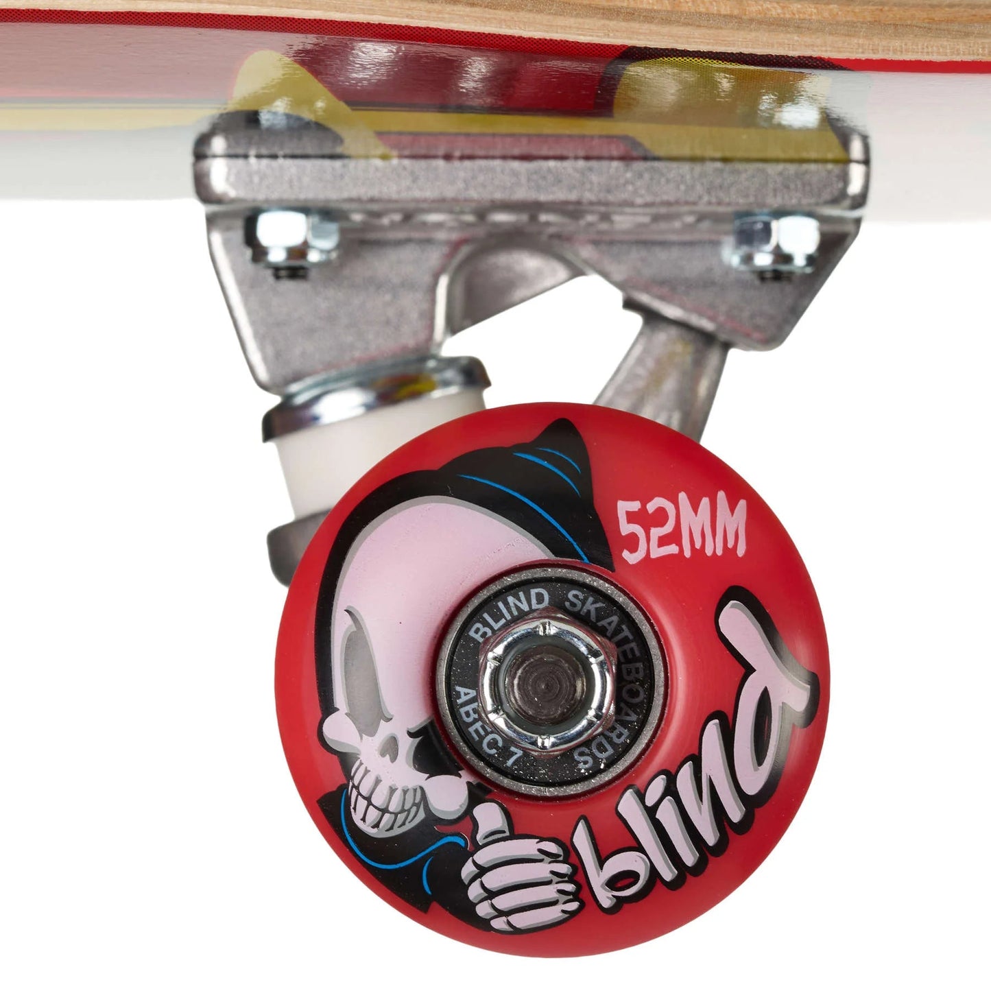 Close-up of a skateboard wheel with 'blind' branding on a white background