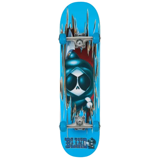Skateboard with a blue and white design on a white background