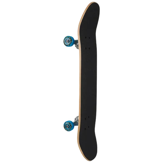 Skateboard with black deck and blue trucks on a white background