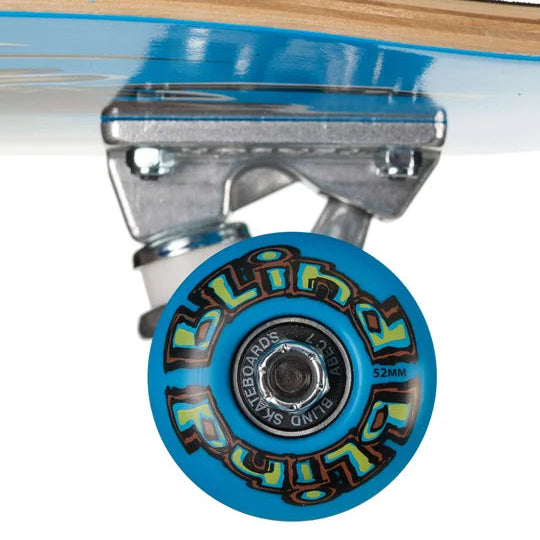 Close-up of a skateboard wheel with a blue rim and colorful hub on a white background