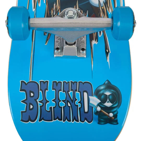 Blue skateboard with 'Blind' logo and character design on a white background