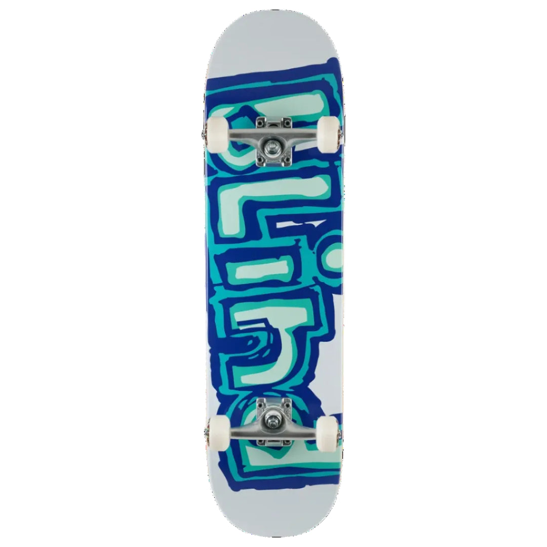 A skateboard shown from the underside, featuring a graphic design with blue, teal, and mint green abstract shapes on a white deck, complete with white wheels and silver trucks.
