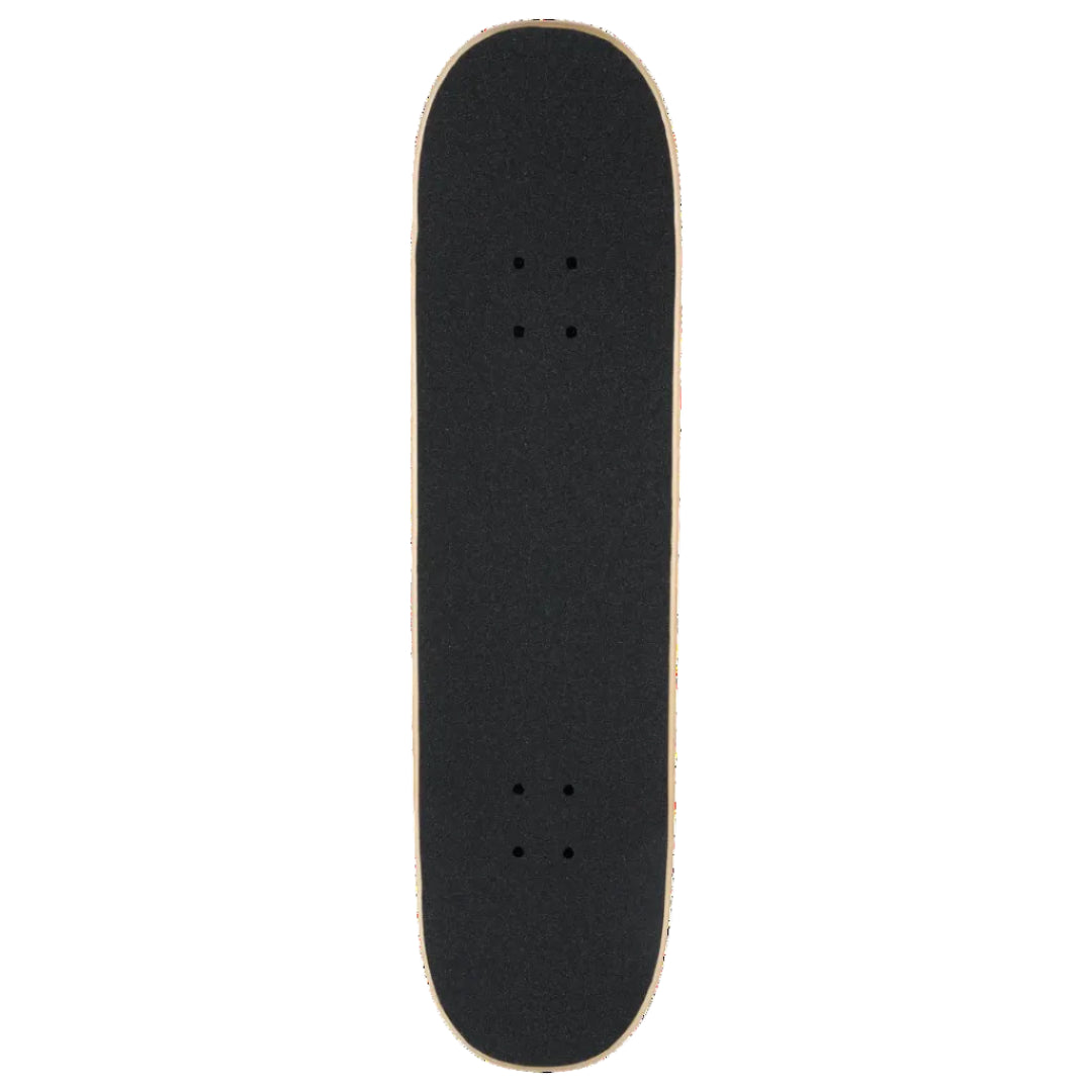 A skateboard deck viewed from directly above, featuring a black grip tape surface with a natural light wood edge, isolated on a white background.