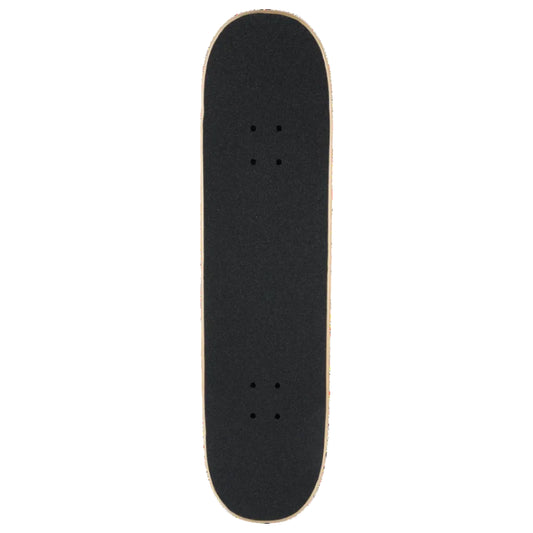 A skateboard deck viewed from directly above, featuring a black grip tape surface with a natural light wood edge, isolated on a white background.