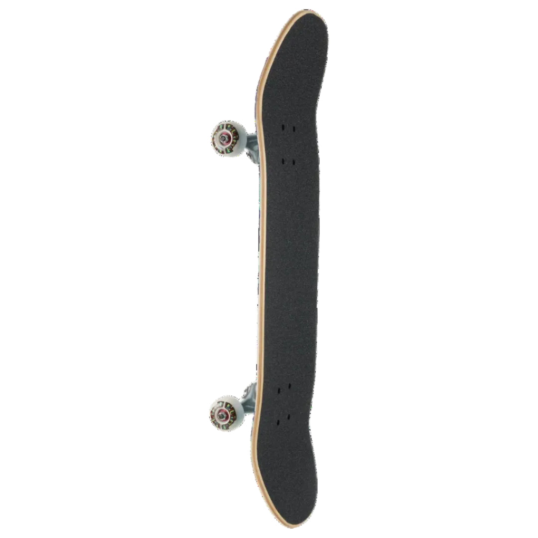 A skateboard shown vertically from the underside, featuring a black grip tape deck, natural wood edge, and silver trucks with colorful wheels, isolated on a white background.