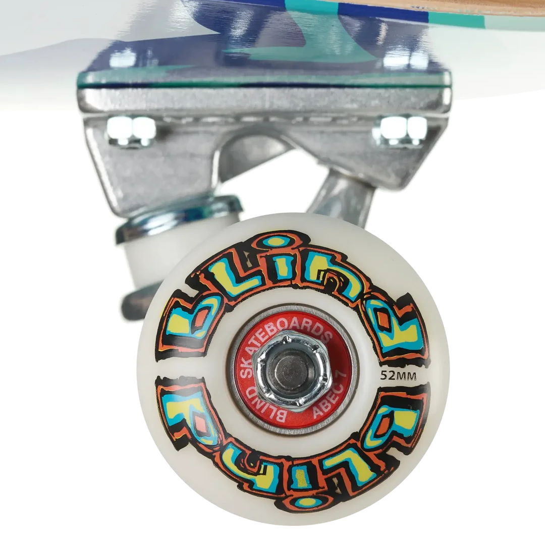 Close-up of a skateboard wheel and truck assembly on a white background. The wheel is white with a large multicolor 'Blind' logo in blue, orange, and green, mounted on a metal truck with a red center cap reading 'Blind Skateboards'.